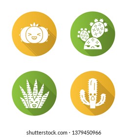Cactuses flat design long shadow glyph icons set. Plants with smiling faces. Laughing peyote and zebra cactuses. Unamused prickly pear wild cacti. Succulent plants. Vector silhouette illustration