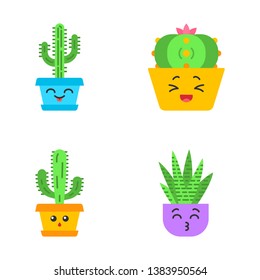 Cactuses flat design long shadow color icons set. Laughing Saguaro and peyote cactuses. Kissing zebra cacti. Hushed elephant cactus. Botanical garden. Succulent plants. Vector silhouette illustrations
