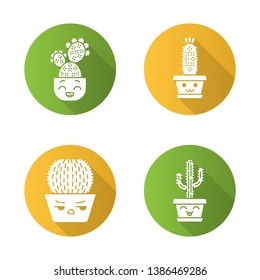 Cactuses flat design long shadow glyph icons set. Plants with smiling faces. Laughing Saguaro and prickly pear. Happy hedgehog cactus. Home cacti in pots. Succulents. Vector silhouette illustration