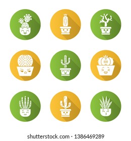 Cactuses flat design long shadow glyph icons set. Plants with smiling faces. Laughing Saguaro and peyote cactus. Kissing zebra cacti. Home cacti in pots. Succulents. Vector silhouette illustration