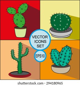 Cactuses flat icons vector set.