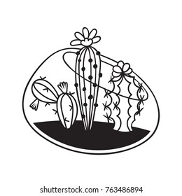 Cactuses with flowers in terrarium for coloring books. Funny cute cactus with black contour. Mexican plant. Design element for banner, postcard, greeting card, t-shirt. Vector illustration.