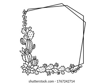Cactuses frame. Succulent vector frame. Vector hand drawn illustration for text isolated on white. 