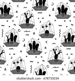 Cactuses In Glass Terrariums with Geometric Background Pattern Vector.