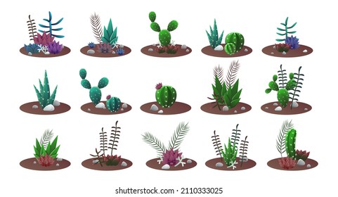 Kakteen, die auf Basis von Töpfen wachsen. Vektorgrafiken von tropischen Hauspflanzen für die Inneneinrichtung. Cartoon cacti Kollektion für Indoor-Garten einzeln auf Weiß. Terrarium, Naturkonzept