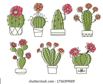Cactuses. Hand drawn outline cactus with flowers. Vector set color cacti, aloe and leaves Collection of exotic plants hand drawn illustration isolated on white
