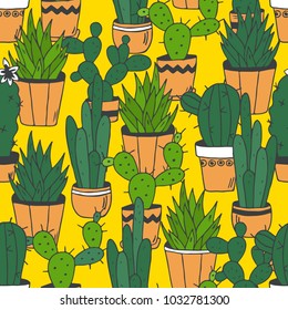 Cactuses hand drawn overlapping background. Decorative wallpaper, good for printing. Colorful seamless pattern with cacti in pots, houseplants. Illustration vector, house plants in pots