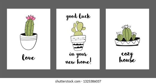  Cactuses, house plants vector print. Hand drawn  illustration for posters, cards, t-shirts.
