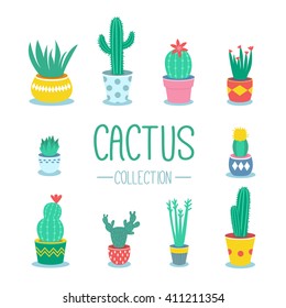 Cactuses and houseplants in pots. Vector cartoon illustration.