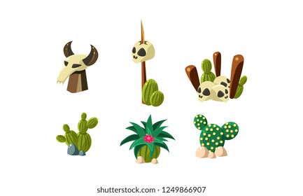 Cactuses, human and buffalo skulls set, design elements of desert landscape, wild west objects vector Illustration on a white background