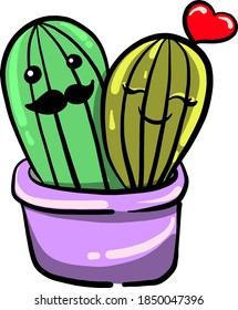 Cactuses in love, illustration, vector on white background