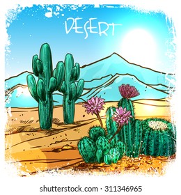 Cactuses in mexico desert with mountains on background sketch vector illustration