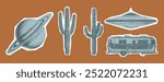 Cactuses, motorhome, UFO ship, planet. Contemporary Retro Surreal Collage Set. Trendy halftone clip art elements. Vintage psychedelic dotted stickers.