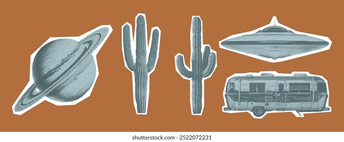 Cactuses, motorhome, UFO ship, planet. Contemporary Retro Surreal Collage Set. Trendy halftone clip art elements. Vintage psychedelic dotted stickers.