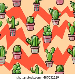 cactuses on a geometric background. seamless texture. Pattern with cacti. Green cactus in pink pot