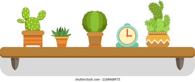 Cactuses on shelf. Green houseplants on wall stand
