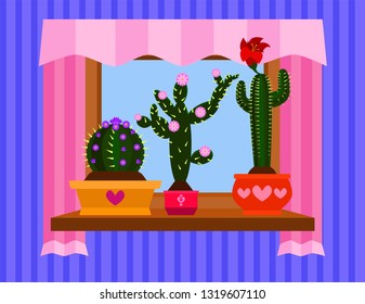 Cactuses on windowsill. Vector illustration