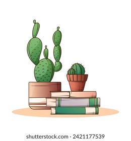Actos y montones de libros. Ilustración vectorial aislada con planta doméstica. Librería, librería, lectura, interior, concepto de jardín. 