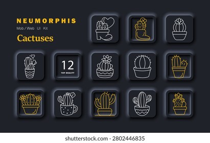 Cactuses plant set icon. Potted cactus heart flower boot mug desert shapes minimal neumorphic outline style dark theme soft shadow UI design.