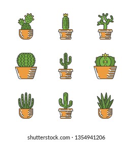 Cactuses in pots color icons set. Mexican tropical flora. Succulents. Spiny plants. Cacti garden collection. Isolated vector illustrations