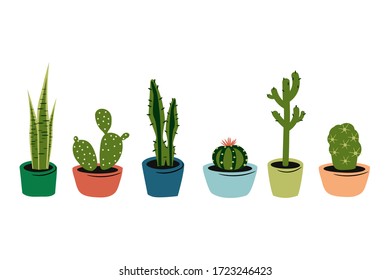 Cactuses In Pots. Hand Drawn Set. Isolated On White. Vector Illustration.