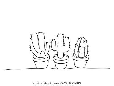 Cactuses in pots, one line drawing vector illustration.