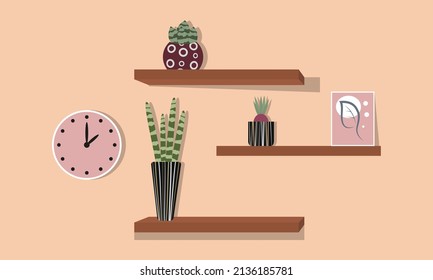 Cactuses in pots stand on the shelves. Decorative plants set isolate on white background. Vector illustrations set