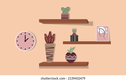 Cactuses in pots stand on the shelves. Decorative plants set isolate on white background. Vector illustrations set