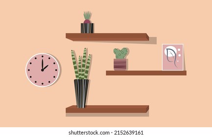 Cactuses in pots stand on the shelves. Decorative plants set isolate on white background. Vector illustrations set