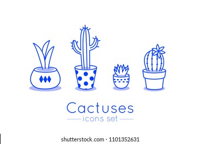 
Cactuses in pots stylish icons set. Flat line vector illustration isolated on white background.