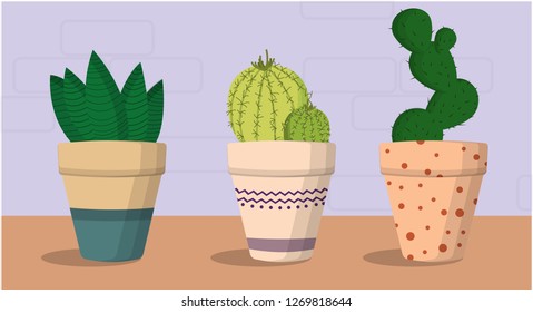 cactuses in pots,landscape,cactus print illustrated set