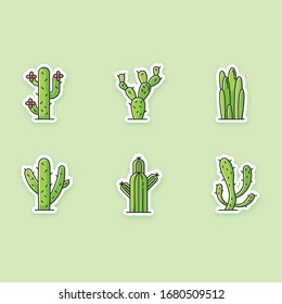 Cactuses printable patches. American desert plants with fleshy trunks. RGB color stickers, pins, badges set. Different prickly succulents. Arid area thorny wildflowers. Vector isolated illustrations