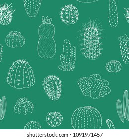 Cactuses seamless pattern, hand drawn vector illustration. outline sketch chalk style. Succulent collection. nature elements. for cards, posters, banners, invitations greeting cards prints