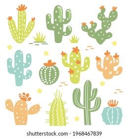 Cactuses set isolated. Vector set color cactuses, cacti, aloe hand drawn tender colors illustration isolated on white