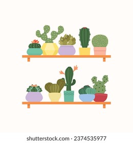 Cactuses shelves. Flat illustration of succulents in colorful flower pots . Vector 10 EPS.
