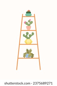 Cactuses shelves. Flat illustration of succulents in colorful flower pots . Vector 10 EPS.
