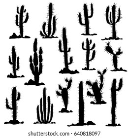 cactuses and stones silhouettes at white background, hand drawn vector illustration