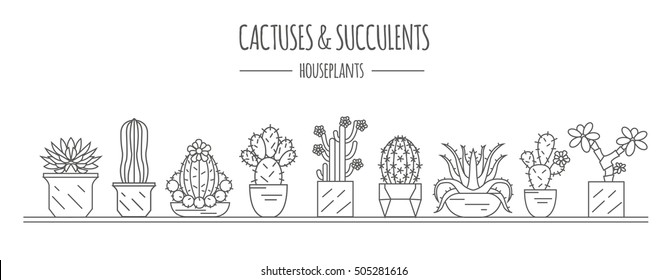 Cactuses and succulents icon set. Houseplants. Thin line design. Vector illustration