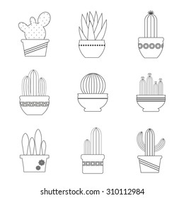 Cactuses and succulents linear icons set. Exotic Mexican plants in pots.