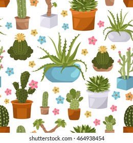 Cactuses and succulents seamless pattern. Houseplants. Vector illustration