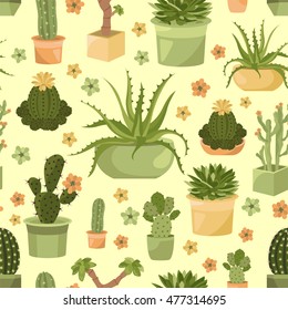 Cactuses and succulents seamless pattern. Houseplants. Vector illustration