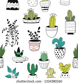  Cactuses, succulents seamless pattern. Plants in scandinavian style. Sketch for wrapping paper, textile, background vector fill.