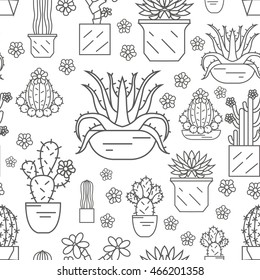 Cactuses and succulents seamless pattern. Thin line design. Houseplants. Vector illustration