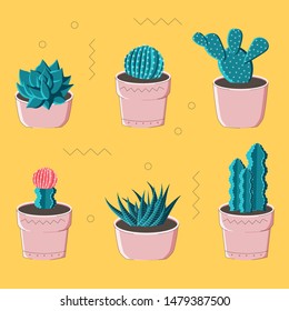 Cactuses and succulents set in ceramic pots. Vector illustration of cactuses' set. Botanical elements.
