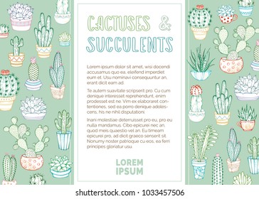 Cactuses and succulents vector background. Various linear cacti in flower pots and cups. They are with spines and flowers. There is copy space for your text on white area.