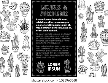 Cactuses and succulents vector doodles background. Set of indoor plants in flower pots and cups with prickles or flowers. Can be used to colouring book for adults. Black and white illustration.