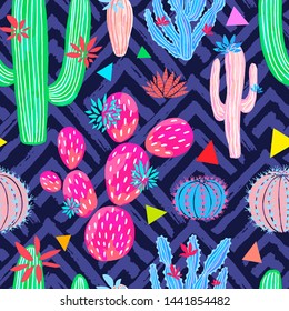 Cactuses succulents wild seamless pattern flowers colorful watercolor bright collections. Cacti beautiful trendy fashion fabric pattern. Hand drawn vector illustration.