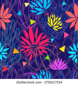 Cactuses succulents wild seamless pattern flowers colorful watercolor bright collections. Cacti beautiful trendy fashion fabric pattern. Hand drawn vector illustration.