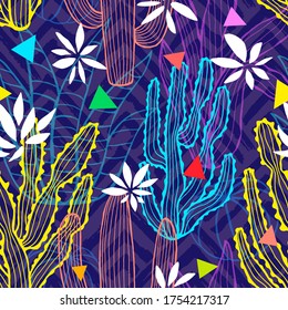 Los cactúos suculen flores de patrón inmaculado coloridas colectas de colores vivos de color acuático. Cacti hermoso patrón de tela de moda a la moda. Ilustración vectorial dibujada a mano.