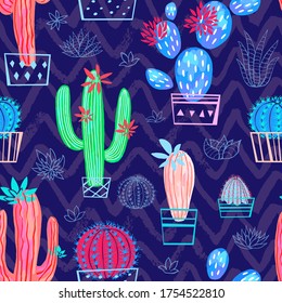 Cactuses succulents wild seamless pattern flowers colorful watercolor bright collections. Cacti beautiful trendy fashion fabric pattern. Hand drawn vector illustration.